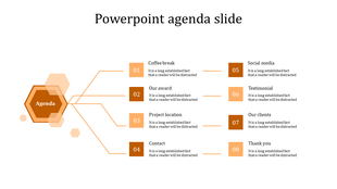 Agenda slide branches into eight numbered sections with orange and brown boxes containing caption areas.