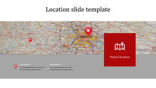 A blurred city map with two red location markers, a project location icon in a red box, and placeholder text below.
