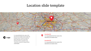 Location slide featuring a blurred map of Berlin with red marker pins and a logo space below.