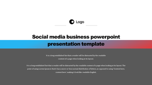 A social media business presentation cover with a logo, bold typography, and a blue to red gradient effect.