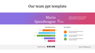 Team member profile slide with a banner displaying the name and title, a bar chart, and a numbered list for nature.