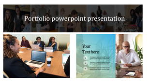Business team portfolio layout featuring a discussion scene, a modern workspace, and a text section with three bullet points.
