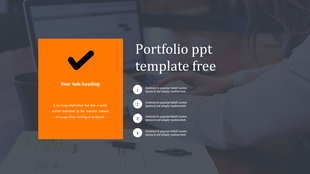 Portfolio slide with a bold orange content block and four numbered points, on a blurred workspace background.