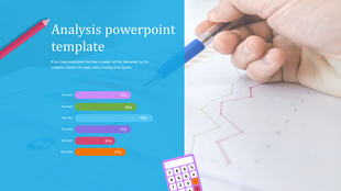 Analysis slide featuring progress bars in various colors and a background of a person writing on a report.