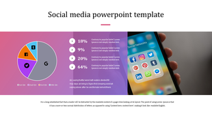 Slide with a gradient background showing pie chart and percentage labels, and an image of a phone with social media icons.
