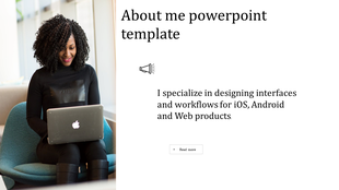 About me slide featuring a person working on a laptop, with text on the right describing expertise in design.