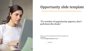 Woman in a white shirt using a laptop, with an opportunity related quote and text block on the right.
