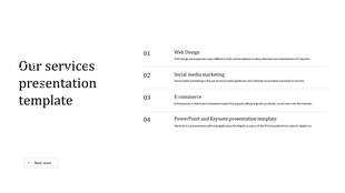 Clean services layout featuring a large heading and a structured list on the right, detailing four digital services.