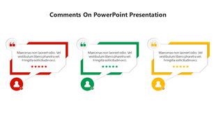 A slide featuring three distinct colored comment boxes with star ratings and feedback text with icons.