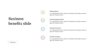 Business benefits PPT slide with checkmarks and four key points from independence to creative freedom with placeholder text.