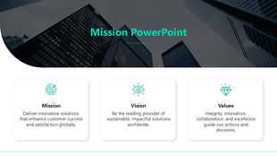 PowerPoint slide illustrating a company's mission, vision, and values with icons for each section.