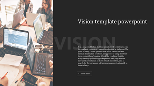 Vision template with a dark background, large text overlay, a paragraph, a button, and an image of people working on laptops.