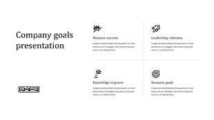 Template displaying company goals with four black icons and text blocks in a grid format on a white background.
