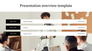 Template displaying an agenda with black and white text blocks, overlaying a photo of a speaker and attendees.