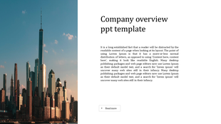 Company overview PowerPoint template with a city skyline and placeholder text for company information.