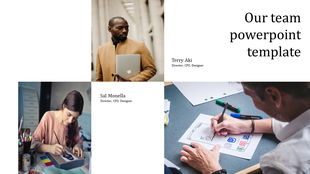 Our Team PowerPoint template with three people a woman drawing, a man with a laptop, and a person sketching on paper.