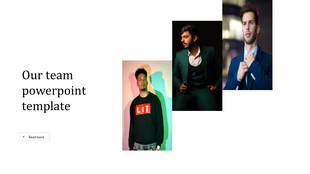 Team slide with three portrait photos arranged in a staggered layout, featuring different lighting and background styles.