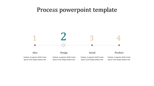 Linear process diagram with four steps, featuring a highlighted second step, each labeled with a title and placeholder text. 