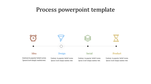 Process slide with evenly spaced icons in brown, blue, green, and yellow, connected by a subtle black line.