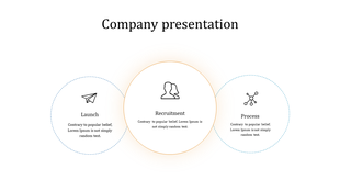 Company slide with three interconnected circles labeled Launch, Recruitment, and Process, each containing an icon and text. 