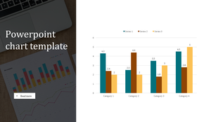 Slide with a multiseries bar chart on the right and a darkened background on the left displaying text and a button. 