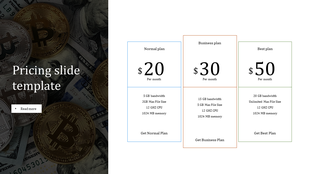 Pricing slide with three outlined plans in blue, orange, and green, alongside a Bitcoin and dollar bill images.