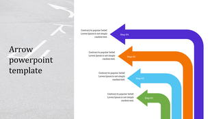 Arrow template with four curved arrows in green, blue, orange, and purple, labeled steps and caption areas.
