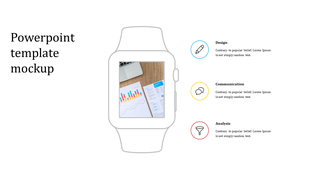 A mockup of a PowerPoint template displayed on a smartwatch, with icons for Design, Communication, and Analysis with icons.