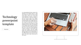 Slide with a left aligned text section and a computer mockup on the right displaying hands using a laptop and phone.