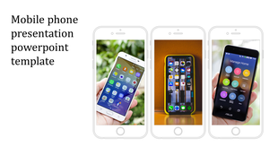 Mobile phone PowerPoint template featuring three smartphones displaying various apps and user interfaces.