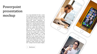 Modern slide design featuring a text block on the left and three tilted smartphone mockups displaying different images.