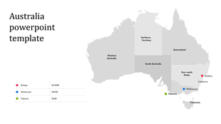 Grayscale map of Australia with states labeled, highlighting key cities with colored dots, and a data table.