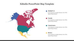 Map of North America with labeled regions in blue, red, teal, and yellow, with descriptions on the right.