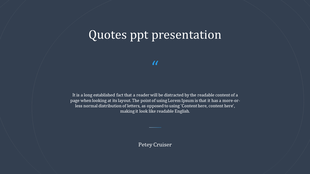 Minimalist quote template with white text on a dark blue background, featuring a quote, author name, and blue quote symbol.