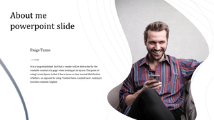 About Me PPT slide featuring a smiling person holding a phone, with a clean and modern design.