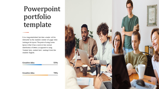 Portfolio template with a left aligned text section and two progress bars, with collaborative team images on the right.