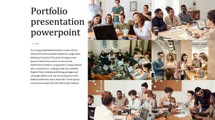 PPT slide featuring a portfolio presentation with various groups of people working together in a collaborative setting.
