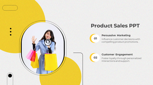Product sales slide with a circular image of a woman holding shopping bags and a megaphone, alongside two text sections.