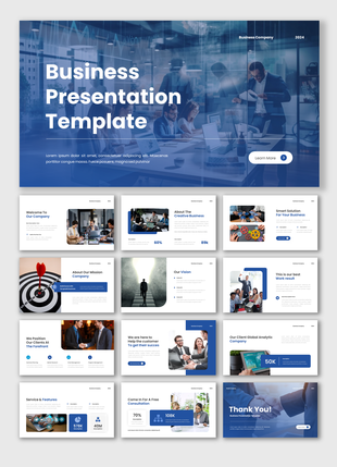 Business presentation slide deck featuring structured layouts, corporate imagery, and performance insights, in blue theme.