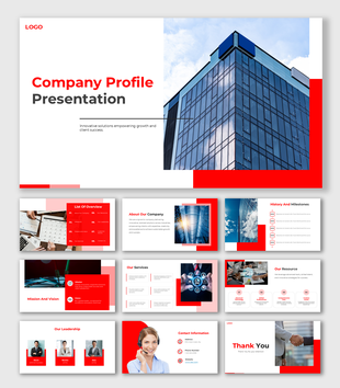 Company Profile slide featuring modern skyscraper image, red and white layout, and concise details on company vision.