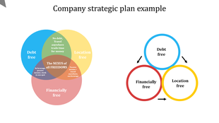 Company strategic plan example slide featuring two Venn diagrams with descriptive text in the overlapping sections.