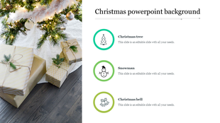 Christmas slide with photo of a decorated tree and gifts on the left, and three festive icons with captions on the right.