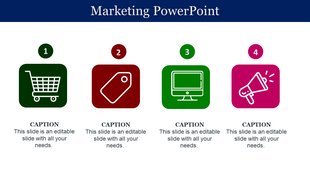 Marketing PPT slide with four numbered icons representing shopping, pricing, digital presence, and promotion with captions.