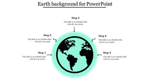 Slide featuring a circular Earth map in a teal frame, surrounded and connected by thin lines five placeholder text areas.