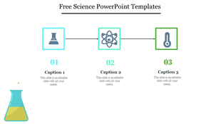 Horizontal science infographic showing three outlined icons with arrows, numbers, and editable text below each.