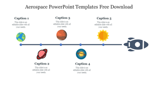 Aerospace themed slide featuring planets and sun along a line, ending with a rocket icon on the right.