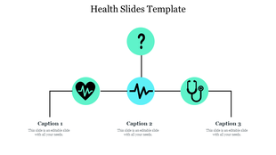 Health slide featuring three green shaded circles with medical icons, connected by lines and labeled with captions.