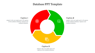Data base slide with three segment circular diagram with red, green, yellow sections, each displaying an icon.