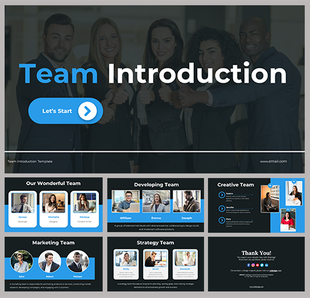 Team introduction slide deck with a dark background and blue accents, showcasing team profiles and departments.