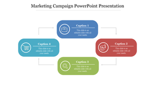 Marketing campaign slide showing a flow of four connected caption text boxes in different colors, each with an icon.